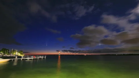 Comet Neowise Time Lapse with Planets Venus and Moon Rising Through Clouds Stock Footage 135195041