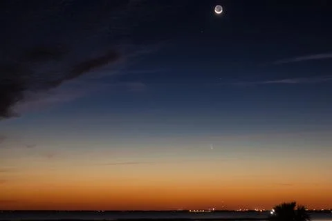 Comet Pan-STARRS with A Crescent Moon 스톡 사진
