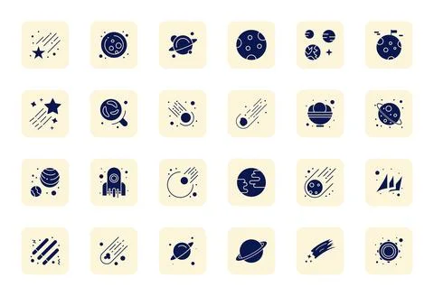 Comet Retina Ready Vector Icon Pack with 24 Filled Grid Fitted Elements Stock Illustration