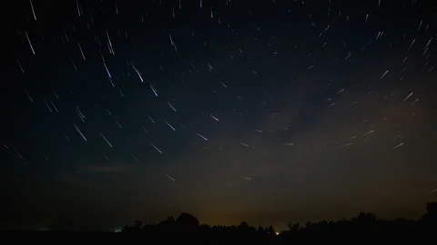 Comet-shaped star trails in the night sky Stock Footage 145656649