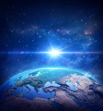 A comet shining behind Planet Earth into deep space Stock Illustration