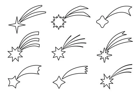 Comet shooting falling star line outline black set Stock Illustration