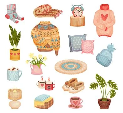 Comfort and Hygge Objects for Cold Autumn and Winter Season Big Vector Set Stock Illustration