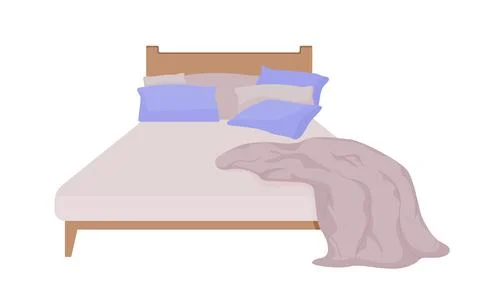 Comfortable bed with pillows and plaid semi flat color vector object Stock Illustration
