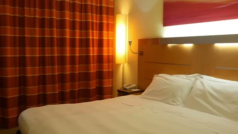 Comfortable bedroom panoramic at night Stock Footage 89700298