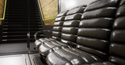 Comfortable black seating in a public transportation area near stairs Stock Illustration