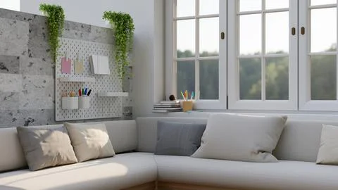 A comfortable corner couch against the wall and window in a modern white li.. Illustrazione stock