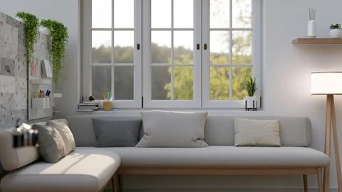 A comfortable corner couch against the wall and window and decor in a moder.. Illustrazione stock