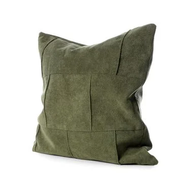 Comfortable green fabric pillow with patchwork design, soft textile cushion f Stock Photos