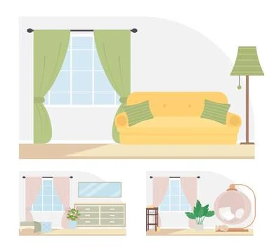 Comfortable home decor flat color vector illustration set. Stock Illustration