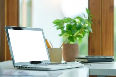Comfortable home office. Laptop computer, stationery and potted plant on wh.. Stock Photos