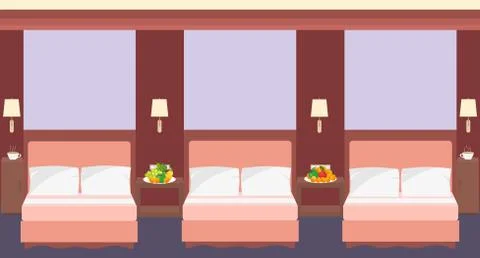 Comfortable hostel room interior in a flat style with three beds Stock Illustration