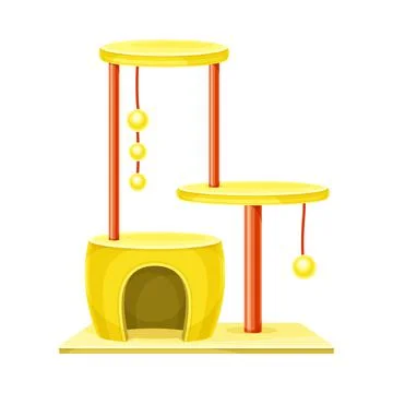 Comfortable house gor cat with scratching post and hanging ball. Pet animals Stock Illustration
