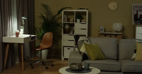 Comfortable interior of the living room in the evening with a couch, desk, plant Stock-Footage 104982292