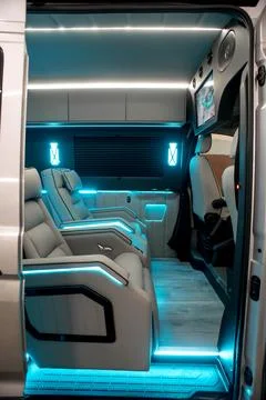 Comfortable interior of a passenger bus with soft seats Foto stock