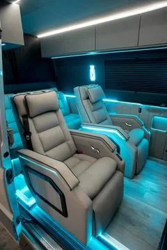 Comfortable interior of a passenger bus with soft seats Stock Photos