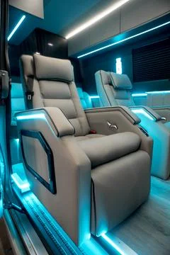 Comfortable interior of a passenger bus with soft seats Stock-Fotos