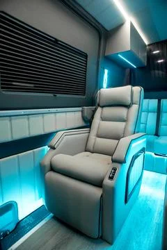Comfortable interior of a passenger bus with soft seats Stock Photos