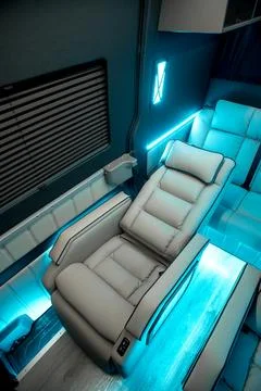 Comfortable interior of a passenger bus with soft seats Stock Photos