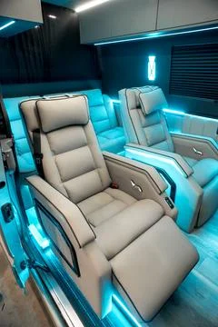 Comfortable interior of a passenger bus with soft seats Stock Photos