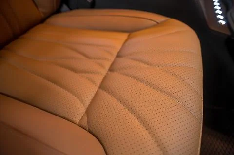 Comfortable interior of a passenger bus with soft seats Stock Photos