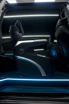 Comfortable interior of a passenger bus with soft seats Stock Photos