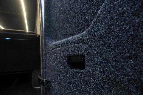 Comfortable interior of a passenger bus with soft seats Stock Photos