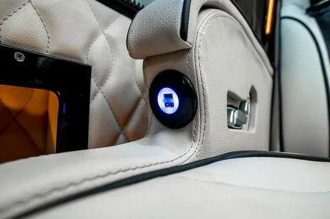 Comfortable interior of a passenger bus with soft seats Stock Photos