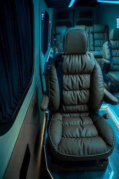 Comfortable interior of a passenger bus with soft seats Stock Photos