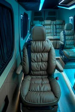 Comfortable interior of a passenger bus with soft seats Stock Photos