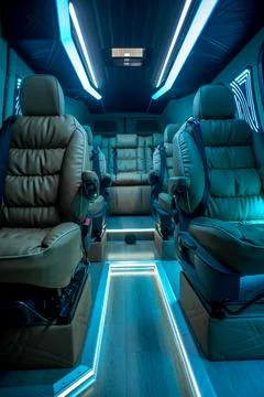 Comfortable interior of a passenger bus with soft seats Stock Photos