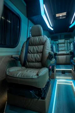 Comfortable interior of a passenger bus with soft seats Stock Photos