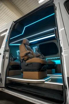 Comfortable interior of a passenger bus with soft seats Stock-Fotos