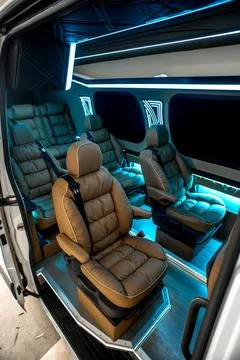 Comfortable interior of a passenger bus with soft seats Stock Photos