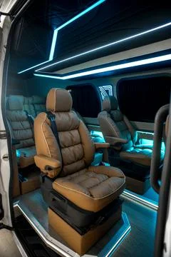 Comfortable interior of a passenger bus with soft seats Stock Photos