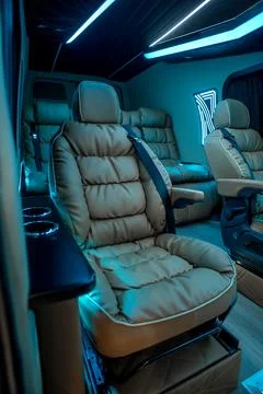 Comfortable interior of a passenger bus with soft seats Stock Photos