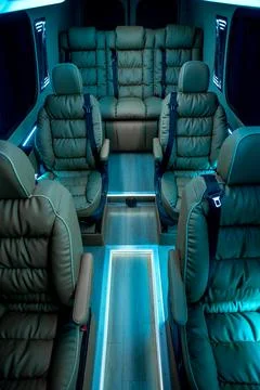 Comfortable interior of a passenger bus with soft seats Stock Photos