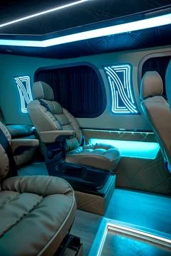 Comfortable interior of a passenger bus with soft seats Stock Photos