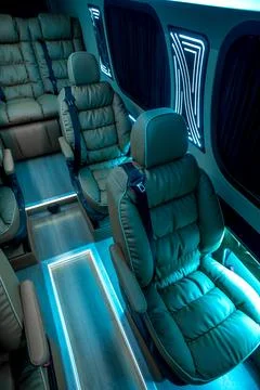 Comfortable interior of a passenger bus with soft seats Stock Photos