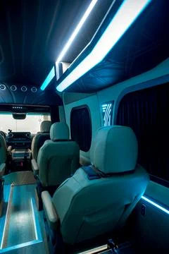 Comfortable interior of a passenger bus with soft seats Foto stock