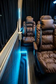 Comfortable interior of a passenger bus with soft seats Stock Photos