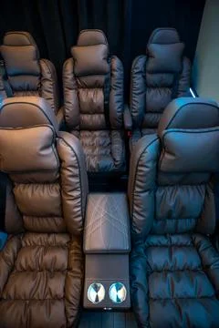 Comfortable interior of a passenger bus with soft seats Stock Photos