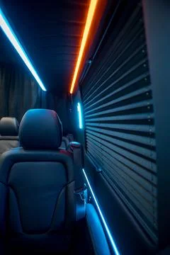 Comfortable interior of a passenger bus with soft seats Stock Photos