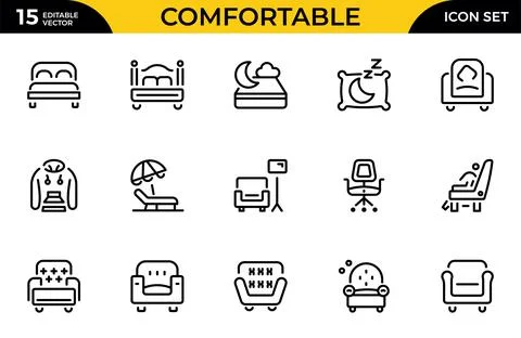 Comfortable line icon set. Includes thin line symbols bed, sleep, relax, dr.. Stock Illustration