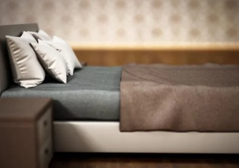 Comfortable modern bed inside bedroom. 3D illustration Stock Illustration
