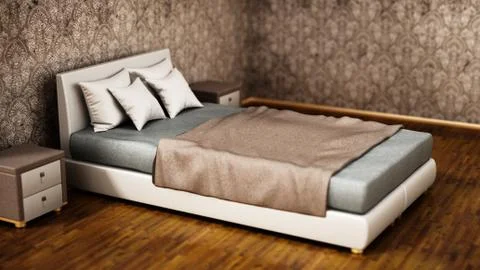 Comfortable modern bed inside bedroom. 3D illustration Stock Illustration