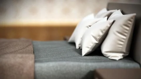 Comfortable modern bed inside bedroom. 3D illustration Stock Illustration