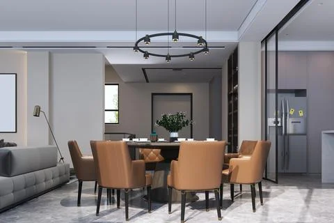 Comfortable modern dining space interior design smart living ideas 3d rende.. Illustrazione stock