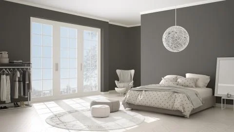 Comfortable modern gray and beige bedroom with wooden parquet floor, panorami 스톡 일러스트