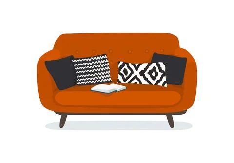 Comfortable modern red couch with pillows. Flat cartoon vector illustration.  Stock Illustration